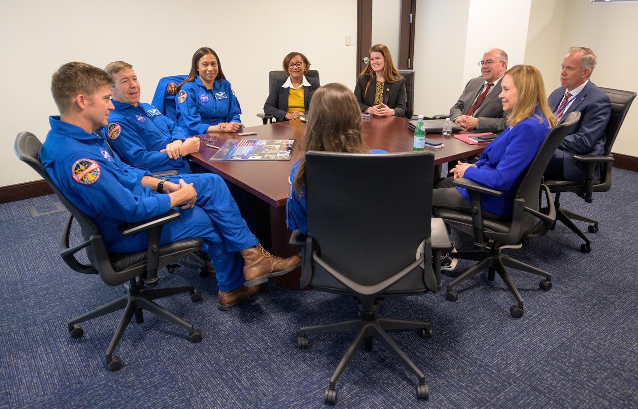 NASA Expedition 71 astronauts Tracy Dyson, Matthew Dominick, Michael Barratt, and Jeanette Epps, meet with NASA acting Administrator Janet Petro, NASA acting Associate Administrator Vanessa Wyche, NASA Deputy Associate Administrator Casey Swails, White House Liaison Darren Bossie, and NASA Chief of Staff Trey Carlson, meet, Monday, March 3, 2025, at the Mary W. Jackson NASA Headquarters Building in Washington. Dominick, Epps, Barratt, and Dyson served as part of Expedition 71 aboard the International Space Station. Photo Credit: (NASA/Bill Ingalls)