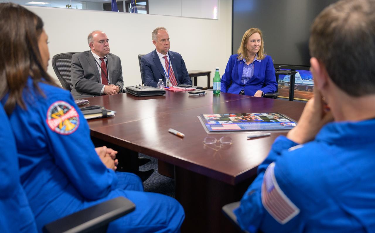 White House Liaison Darren Bossie, left, NASA Chief of Staff Trey Carlson, NASA acting Administrator Janet Petro, right, and other NASA senior leadership, meet with NASA Expedition 71 astronauts Tracy Dyson, Matthew Dominick, Michael Barratt, and Jeanette Epps, Monday, March 3, 2025, at the Mary W. Jackson NASA Headquarters Building in Washington. Dominick, Epps, Barratt, and Dyson served as part of Expedition 71 aboard the International Space Station. Photo Credit: (NASA/Bill Ingalls)