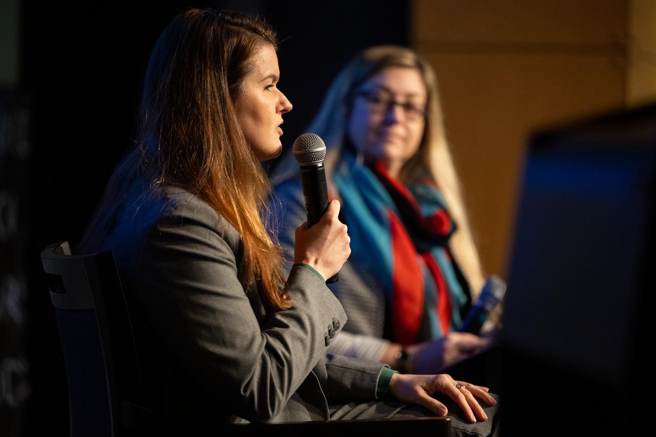 NASA Deputy Associate Administrator Casey Swails, left, and Jessica Gregory from NASA’s Office of Legislative and Intergovernmental Affairs, speak to delegates of the U.S. Senate Youth Program during a fireside chat, Wednesday, March 5, 2025 at the Mary W. Jackson NASA Headquarters Building in Washington. Photo Credit: (NASA/Joel Kowsky)