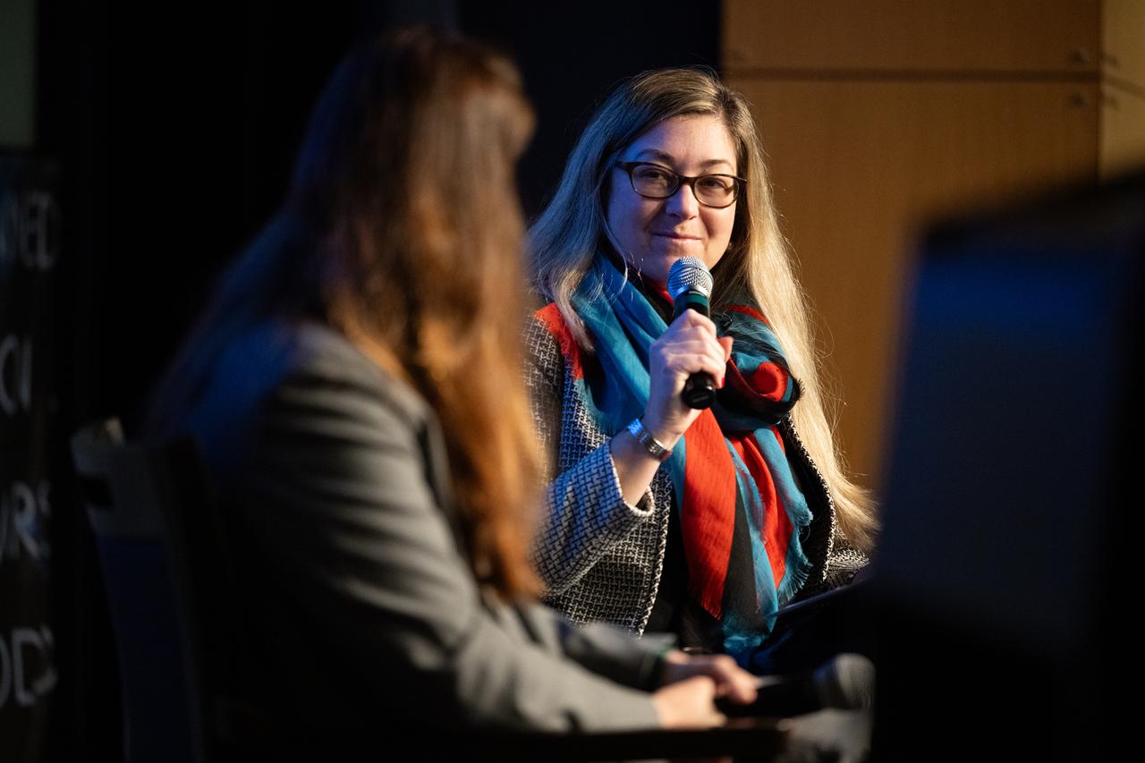 Jessica Gregory, from NASA’s Office of Legislative and Intergovernmental Affairs, and NASA Deputy Associate Administrator Casey Swails speak to delegates of the U.S. Senate Youth Program during a fireside chat, Wednesday, March 5, 2025 at the Mary W. Jackson NASA Headquarters Building in Washington. Photo Credit: (NASA/Joel Kowsky)