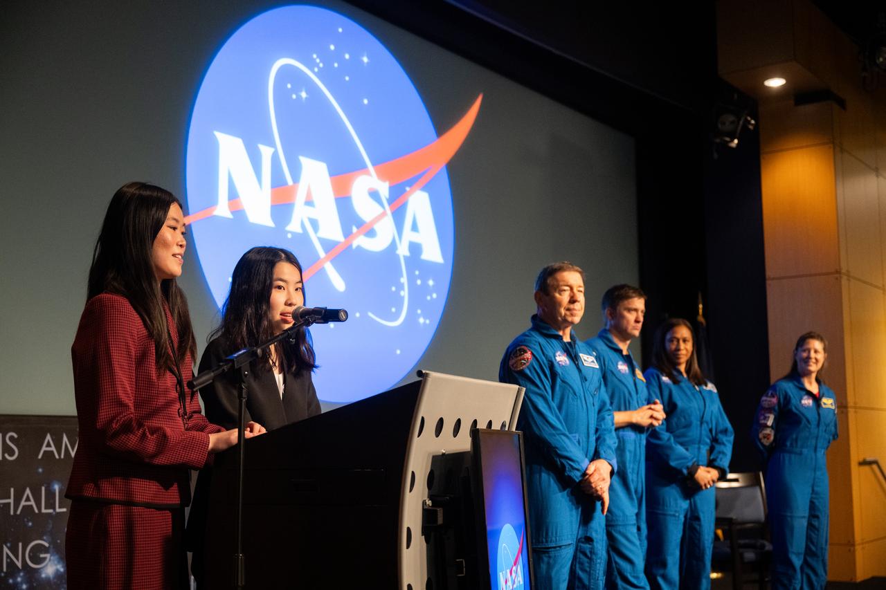 U.S. Senate Youth Program delegates Sarah Gao of California, left, and Sophia Fu of Indiana, introduce Expedition 71 NASA astronauts Michael Barratt, Matthew Dominick, Jeanette Epps, and Tracy Dyson, Wednesday, March 5, 2025 at the Mary W. Jackson NASA Headquarters Building in Washington. Dominick, Epps, Barratt, and Dyson served as part of Expedition 71 aboard the International Space Station.  Photo Credit: (NASA/Joel Kowsky)