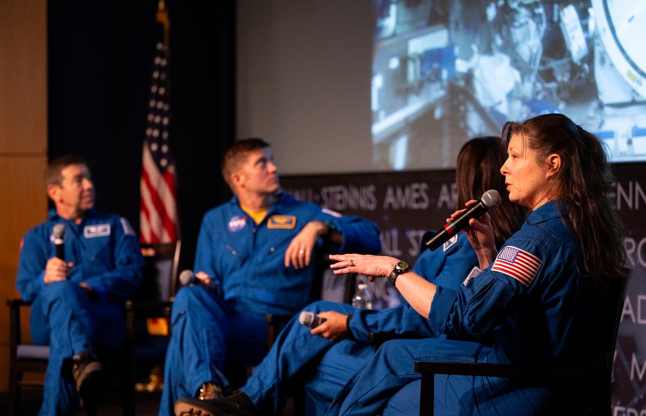 Expedition 71 NASA astronaut Tracy Dyson, speaks to delegates of the U. S. Senate Youth Program alongside fellow Expedition 71 crewmates Michael Barratt, Matthew Dominick, and Jeanette Epps, Wednesday, March 5, 2025 at the Mary W. Jackson NASA Headquarters Building in Washington. Dominick, Epps, Barratt, and Dyson served as part of Expedition 71 aboard the International Space Station.  Photo Credit: (NASA/Joel Kowsky)