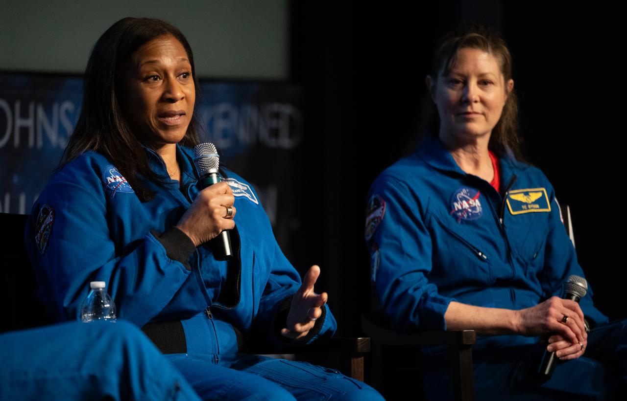 Expedition 71 NASA astronaut Jeanette Epps, left, speaks to delegates of the U.S. Senate Youth Program alongside fellow crewmates Tracy Dyson, Michael Barratt, and Matthew Dominick, Wednesday, March 5, 2025, at the Mary W. Jackson NASA Headquarters Building in Washington. Dominick, Epps, Barratt, and Dyson served as part of Expedition 71 aboard the International Space Station. Photo Credit: (NASA/Joel Kowsky)