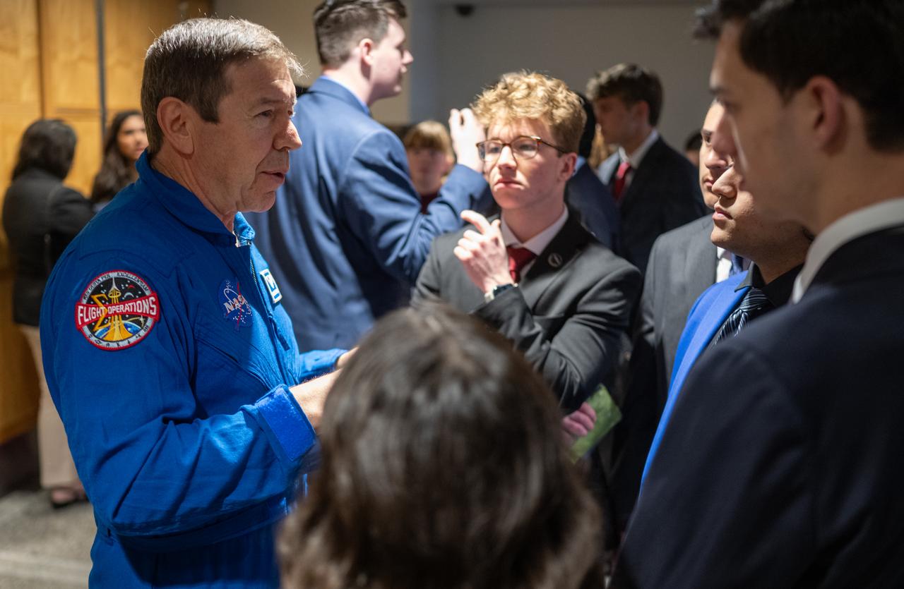 Expedition 71 NASA astronaut Michael Barratt speaks to delegates of the U.S. Senate Youth Program, Wednesday, March 5, 2025 at the Mary W. Jackson NASA Headquarters Building in Washington. Barratt, and fellow crewmates NASA astronauts Matthew Dominick, Jeanette Epps, and Tracy Dyson served as part of Expedition 71 aboard the International Space Station.  Photo Credit: (NASA/Joel Kowsky)
