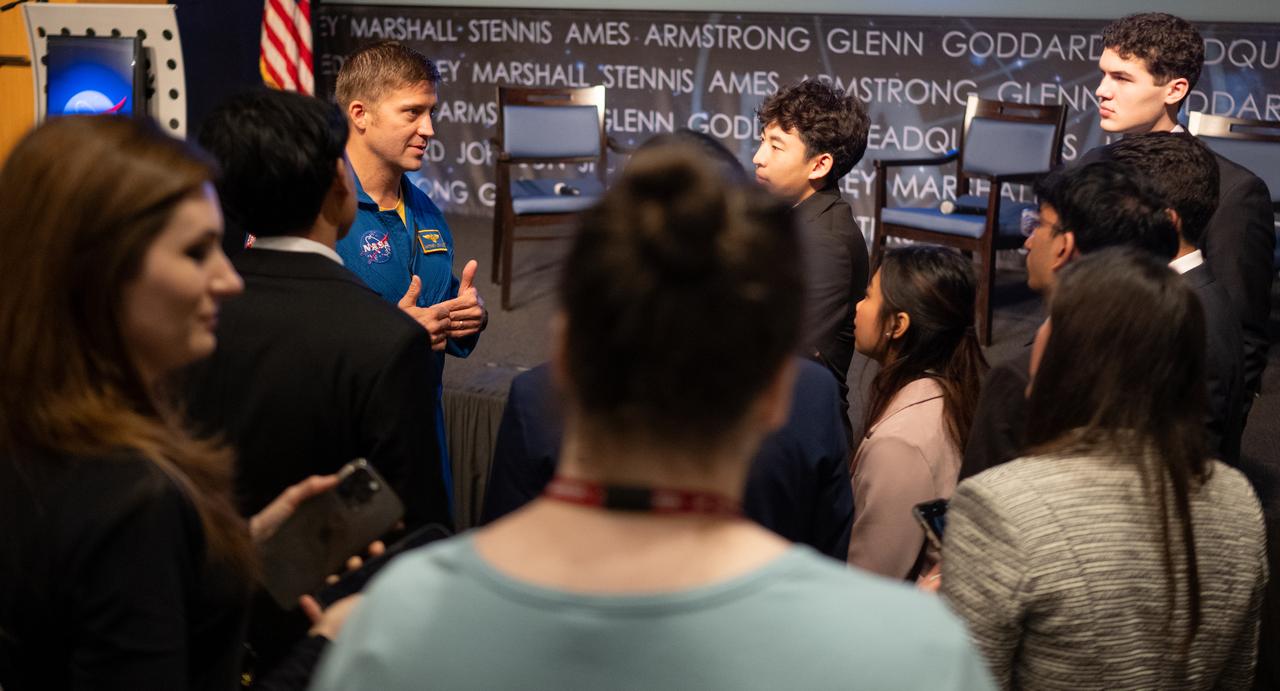 Expedition 71 NASA astronaut Matthew Dominick speaks to delegates of the U.S. Senate Youth Program, Wednesday, March 5, 2025 at the Mary W. Jackson NASA Headquarters Building in Washington. Dominick, and fellow crewmates NASA astronauts Jeanette Epps, Michael Barratt, and Tracy Dyson served as part of Expedition 71 aboard the International Space Station. Photo Credit: (NASA/Joel Kowsky)