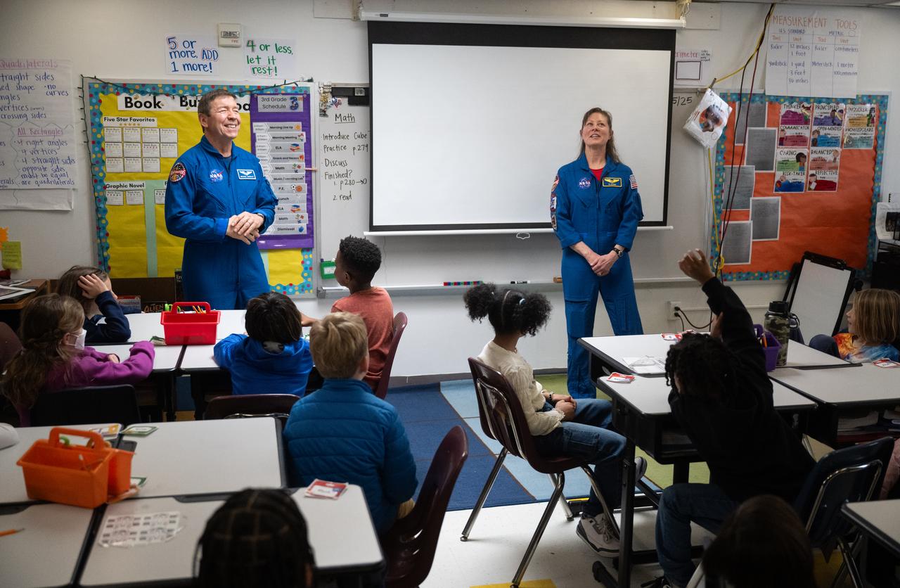 Expedition 71 NASA astronauts Michael Barratt, left, and Tracy Dyson, speak to students, Wednesday, March 5, 2025 at Elsie Whitlow Stokes Community Freedom Public Charter School in Washington. Barratt, Dyson, and fellow crewmates Matthew Dominick and Jeanette Epps served as part of Expedition 71 aboard the International Space Station.  Photo Credit: (NASA/Joel Kowsky)