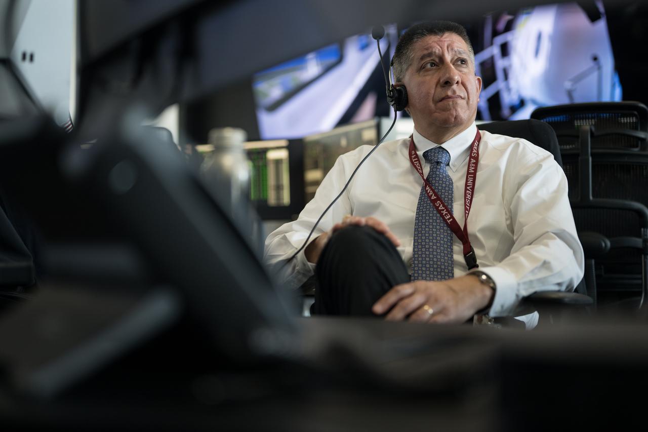 Richard Jones, deputy program manager for the Commercial Crew Program, monitors the launch of a SpaceX Falcon 9 rocket carrying the company's Dragon spacecraft on the Crew-10 mission with NASA astronauts Anne McClain and Nichole Ayers, JAXA (Japan Aerospace Exploration Agency) astronaut Takuya Onishi, and Roscosmos cosmonaut Kirill Peskov onboard, Friday, March 14, 2025, in the control room of SpaceX’s HangarX at NASA’s Kennedy Space Center in Florida. NASA’s SpaceX Crew-10 mission is the tenth crew rotation mission of the SpaceX Dragon spacecraft and Falcon 9 rocket to the International Space Station as part of the agency’s Commercial Crew Program. McClain, Ayers, Onishi, and Peskov launched at 7:03 p.m. EDT, from Launch Complex 39A at the Kennedy Space Center. Photo Credit: (NASA/Aubrey Gemignani)