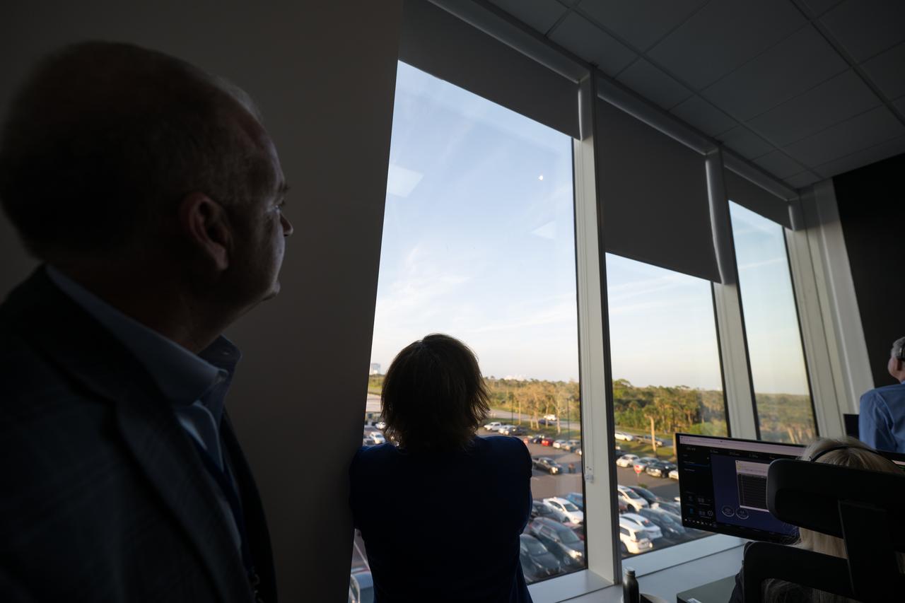 Norm Knight, director of Flight Operations at NASA's Johnson Space Center and Vanessa Wyche, acting NASA associate administrator watch the launch of a SpaceX Falcon 9 rocket carrying the company's Dragon spacecraft on the Crew-10 mission with NASA astronauts Anne McClain and Nichole Ayers, JAXA (Japan Aerospace Exploration Agency) astronaut Takuya Onishi, and Roscosmos cosmonaut Kirill Peskov onboard, Friday, March 14, 2025, in the control room of SpaceX’s HangarX at NASA’s Kennedy Space Center in Florida. NASA’s SpaceX Crew-10 mission is the tenth crew rotation mission of the SpaceX Dragon spacecraft and Falcon 9 rocket to the International Space Station as part of the agency’s Commercial Crew Program. McClain, Ayers, Onishi, and Peskov launched at 7:03 p.m. EDT, from Launch Complex 39A at the Kennedy Space Center. Photo Credit: (NASA/Aubrey Gemignani)