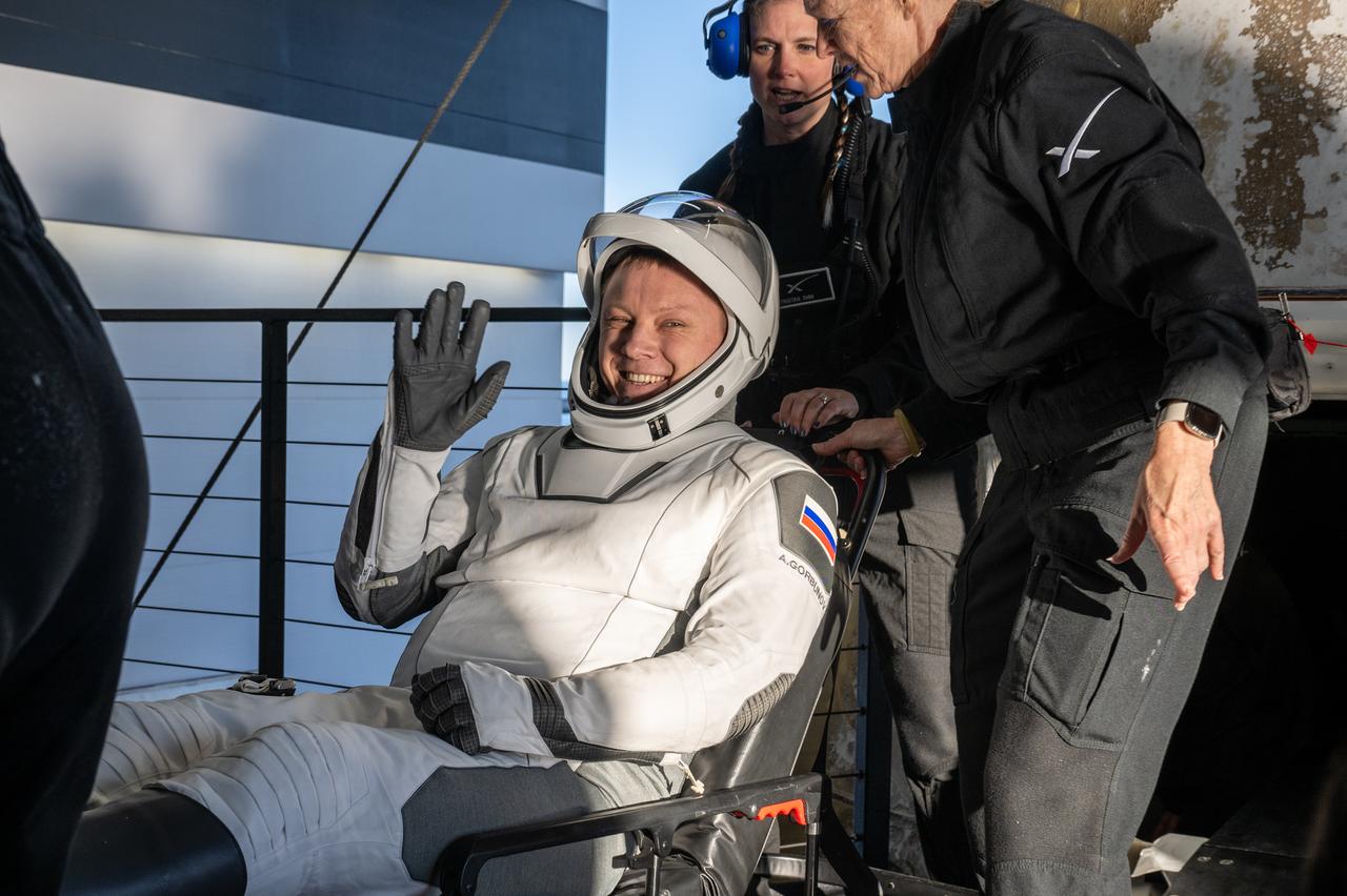 Roscosmos cosmonaut Aleksandr Gorbunov is helped out of a SpaceX Dragon spacecraft onboard the SpaceX recovery ship MEGAN after he, NASA astronauts Nick Hague, Suni Williams, and Butch Wilmore, landed in the water off the coast of Tallahassee, Florida, Tuesday, March 18, 2025. Hague, Gorbunov, Williams, and Wilmore are returning from a long-duration science expedition aboard the International Space Station. Photo Credit: (NASA/Keegan Barber)