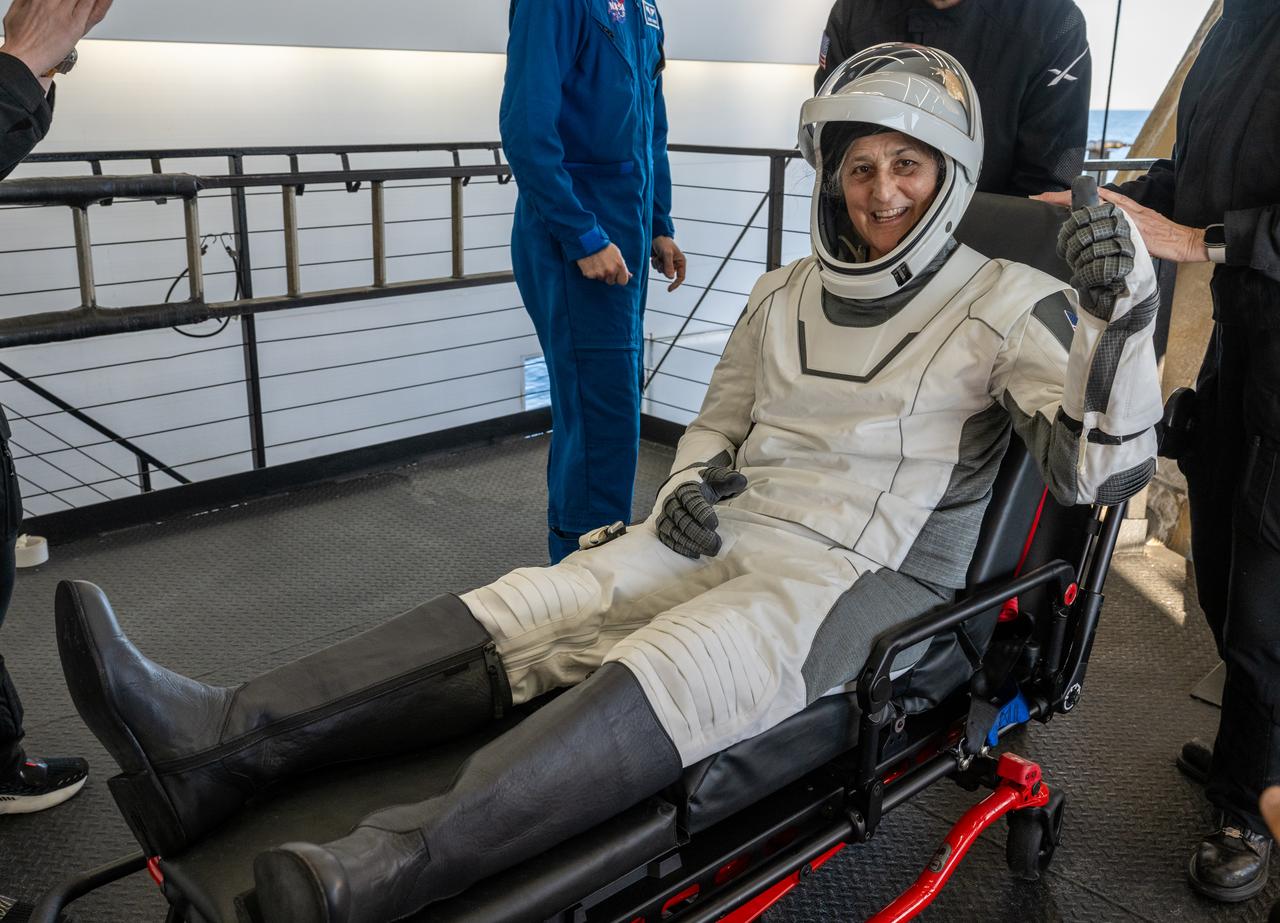 NASA astronaut Suni Williams is helped out of a SpaceX Dragon spacecraft onboard the SpaceX recovery ship MEGAN after she, NASA astronaut Nick Hague, and Butch Wilmore, and Roscosmos cosmonaut Aleksandr Gorbunov landed in the water off the coast of Tallahassee, Florida, Tuesday, March 18, 2025. Hague, Gorbunov, Williams, and Wilmore are returning from a long-duration science expedition aboard the International Space Station. Photo Credit: (NASA/Keegan Barber)