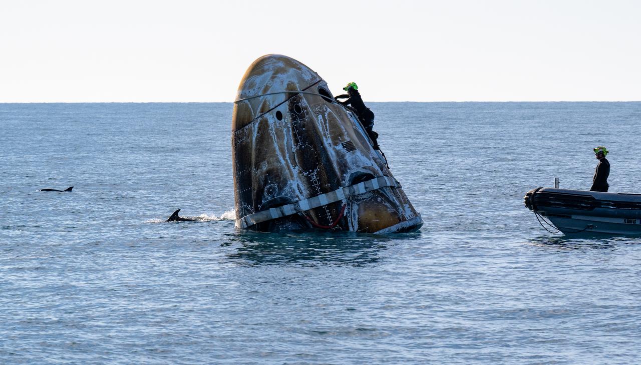 Support teams work around a SpaceX Dragon spacecraft shortly after it landed with NASA astronauts Nick Hague, Suni Williams, Butch Wilmore, and Roscosmos cosmonaut Aleksandr Gorbunov aboard in the water off the coast of Tallahassee, Florida, Tuesday, March 18, 2025. Hague, Gorbunov, Williams, and Wilmore are returning from a long-duration science expedition aboard the International Space Station. Photo Credit: (NASA/Keegan Barber)