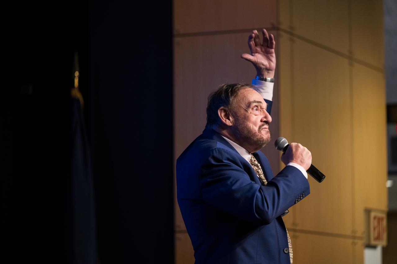 John Rhys-Davies, the actor best known for his roles as Gimli in The Lord of the Rings trilogy and Sallah in the Indiana Jones franchise provides remarks during an employee event, Friday, March 28, 2025 at the Mary W. Jackson NASA Headquarters building in Washington, DC. Photo Credit: (NASA/Aubrey Gemignani)
