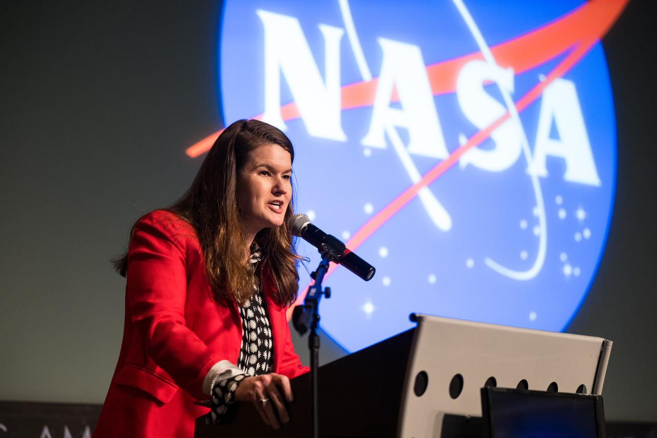 Casey Swails, NASA Deputy Associate Administrator, introduces John Rhys-Davies, the actor best known for his roles as Gimli in The Lord of the Rings trilogy and Sallah in the Indiana Jones franchise, during an employee event, Friday, March 28, 2025 at the Mary W. Jackson NASA Headquarters building in Washington, DC. Photo Credit: (NASA/Aubrey Gemignani)
