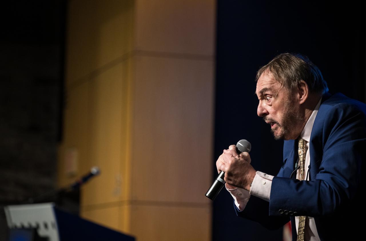 John Rhys-Davies, the actor best known for his roles as Gimli in The Lord of the Rings trilogy and Sallah in the Indiana Jones franchise provides remarks during an employee event, Friday, March 28, 2025 at the Mary W. Jackson NASA Headquarters building in Washington, DC. Photo Credit: (NASA/Aubrey Gemignani)