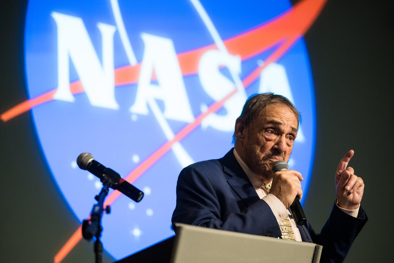 John Rhys-Davies, the actor best known for his roles as Gimli in The Lord of the Rings trilogy and Sallah in the Indiana Jones franchise provides remarks during an employee event, Friday, March 28, 2025 at the Mary W. Jackson NASA Headquarters building in Washington, DC. Photo Credit: (NASA/Aubrey Gemignani)