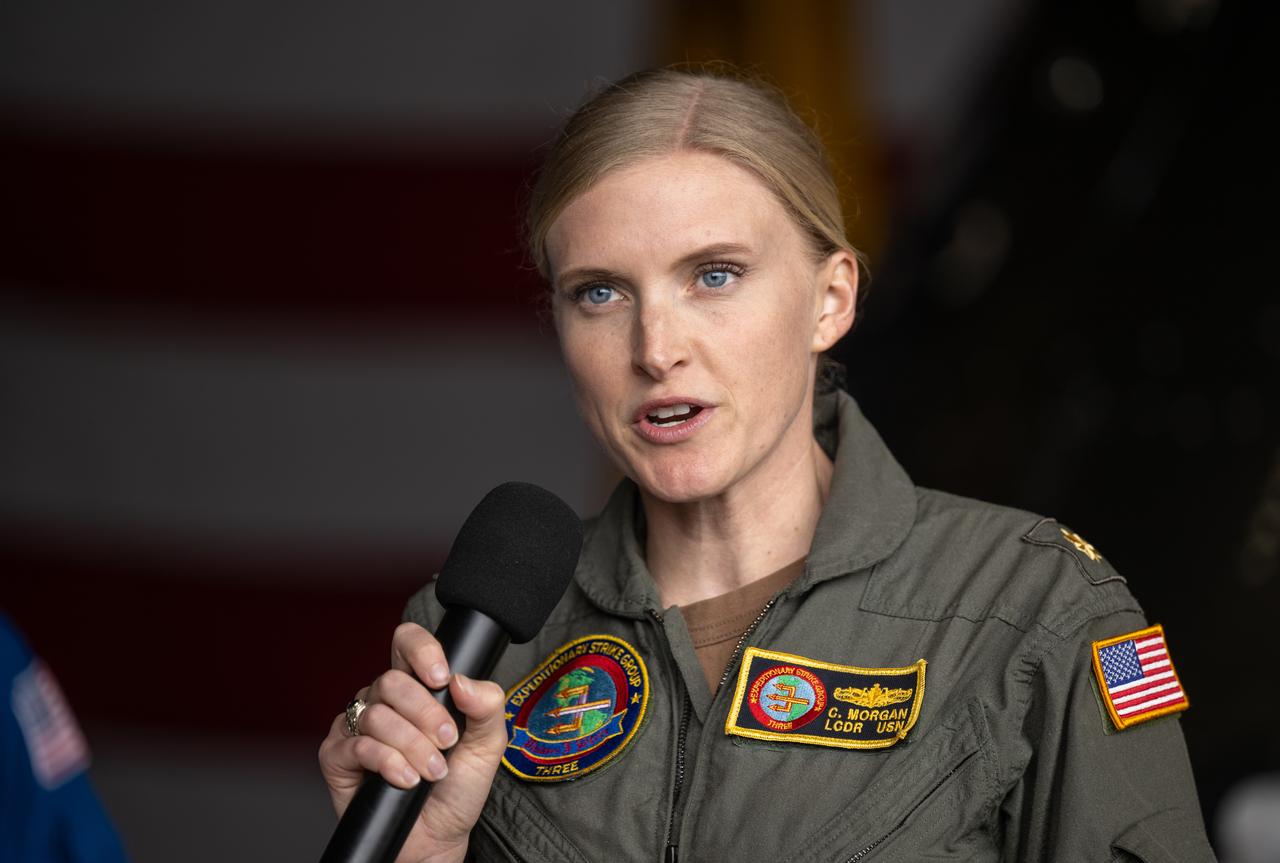 Chloe Morgan, Expeditionary Strike Group 3 Public Affairs Officer gives remarks during a media event where NASA and the Department of Defense discussed the recovery operations that will bring the Artemis II astronauts and the agency’s Orion spacecraft home at the conclusion of next year’s mission around the Moon, Monday, March 31, 2025, onboard USS Somerset at Naval Base San Diego, in California. The teams spent the week practicing the procedures they will use to recover the astronauts after their more than 600,000 mile journey from Earth to the Moon and back on the first crewed mission under the Artemis campaign. Photo Credit: (NASA/Bill Ingalls)