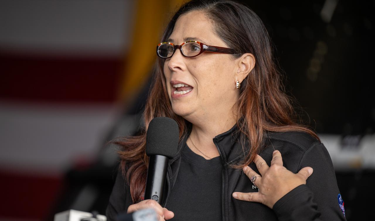 Liliana Villarreal, NASA’s Artemis II landing and recovery director, Exploration Ground Systems Program, gives remarks during a media event where NASA and the Department of Defense discussed the recovery operations that will bring the Artemis II astronauts and the agency’s Orion spacecraft home at the conclusion of next year’s mission around the Moon, Monday, March 31, 2025, onboard USS Somerset at Naval Base San Diego, in California. The teams spent the week practicing the procedures they will use to recover the astronauts after their more than 600,000 mile journey from Earth to the Moon and back on the first crewed mission under the Artemis campaign. Photo Credit: (NASA/Bill Ingalls)