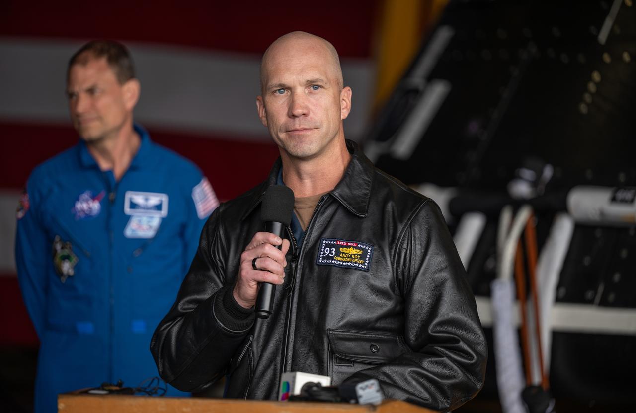 Capt. Andrew “Andy” Koy, commanding officer of USS Somerset (LPD 25), U.S. Navy, gives remarks during a media event where NASA and the Department of Defense discussed the recovery operations that will bring the Artemis II astronauts and the agency’s Orion spacecraft home at the conclusion of next year’s mission around the Moon, Monday, March 31, 2025, onboard USS Somerset at Naval Base San Diego, in California. The teams spent the week practicing the procedures they will use to recover the astronauts after their more than 600,000 mile journey from Earth to the Moon and back on the first crewed mission under the Artemis campaign. Photo Credit: (NASA/Bill Ingalls)