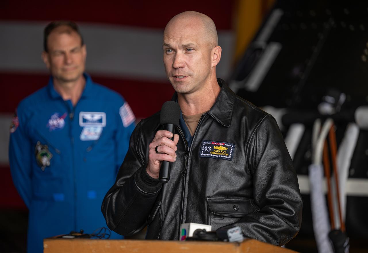 Capt. Andrew “Andy” Koy, commanding officer of USS Somerset (LPD 25), U.S. Navy, gives remarks during a media event where NASA and the Department of Defense discussed the recovery operations that will bring the Artemis II astronauts and the agency’s Orion spacecraft home at the conclusion of next year’s mission around the Moon, Monday, March 31, 2025, onboard USS Somerset at Naval Base San Diego, in California. The teams spent the week practicing the procedures they will use to recover the astronauts after their more than 600,000 mile journey from Earth to the Moon and back on the first crewed mission under the Artemis campaign. Photo Credit: (NASA/Bill Ingalls)