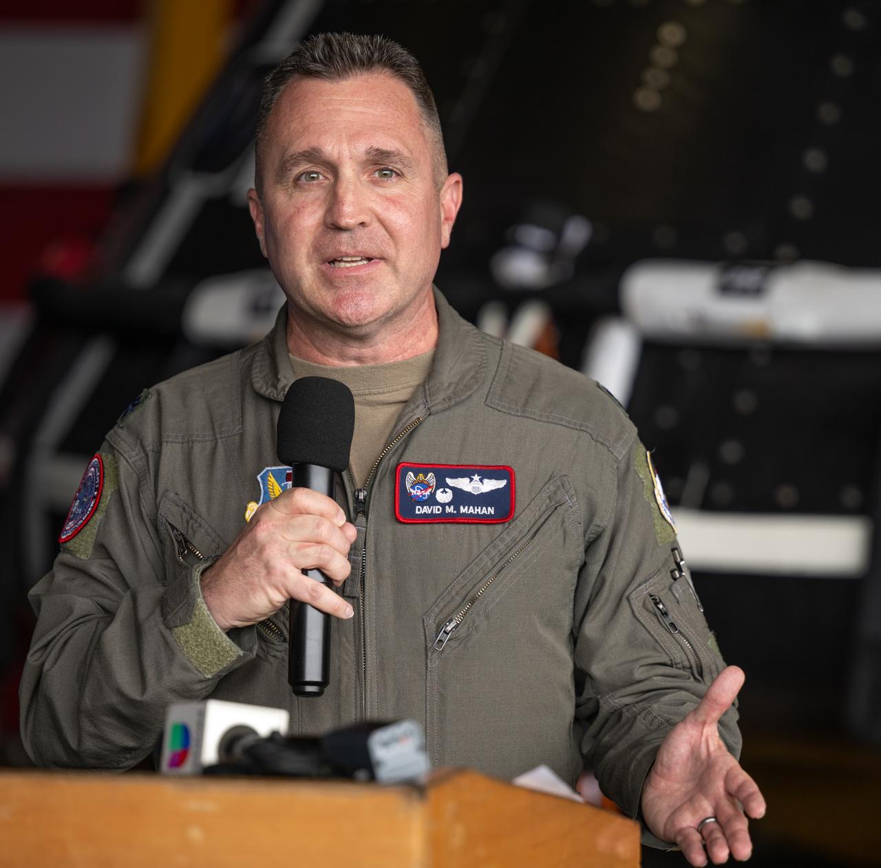 Lt. Col. David Mahan, commander, U.S. Air Force’s 1st Air Force, Detachment 3, Patrick Space Force Base, Florida, gives remarks during a media event where NASA and the Department of Defense discussed the recovery operations that will bring the Artemis II astronauts and the agency’s Orion spacecraft home at the conclusion of next year’s mission around the Moon, Monday, March 31, 2025, onboard USS Somerset at Naval Base San Diego, in California. The teams spent the week practicing the procedures they will use to recover the astronauts after their more than 600,000 mile journey from Earth to the Moon and back on the first crewed mission under the Artemis campaign. Photo Credit: (NASA/Bill Ingalls)