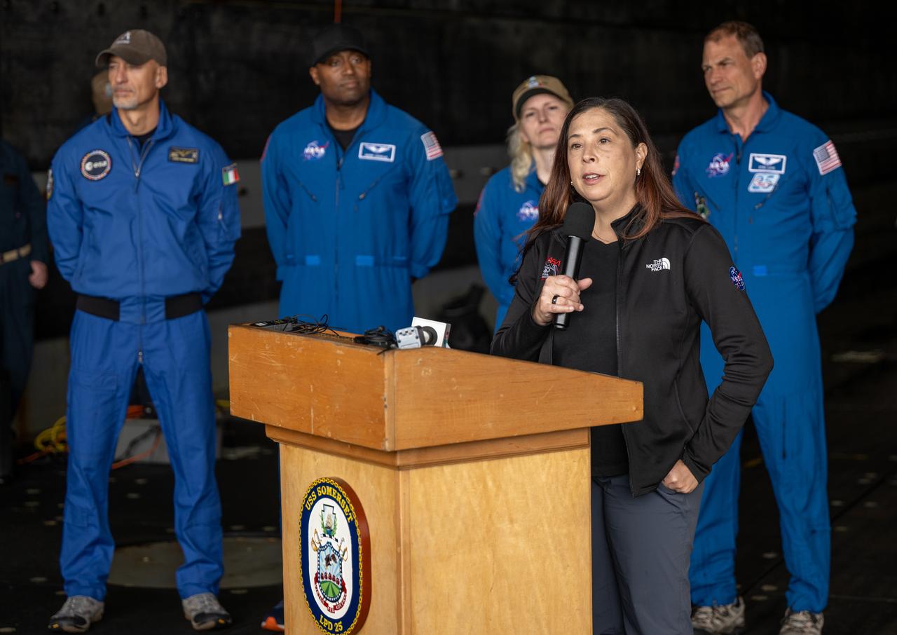 Liliana Villarreal, NASA’s Artemis II landing and recovery director, Exploration Ground Systems Program, gives remarks during a media event where NASA and the Department of Defense discussed the recovery operations that will bring the Artemis II astronauts and the agency’s Orion spacecraft home at the conclusion of next year’s mission around the Moon, Monday, March 31, 2025, onboard USS Somerset at Naval Base San Diego, in California. The teams spent the week practicing the procedures they will use to recover the astronauts after their more than 600,000 mile journey from Earth to the Moon and back on the first crewed mission under the Artemis campaign. Photo Credit: (NASA/Bill Ingalls)