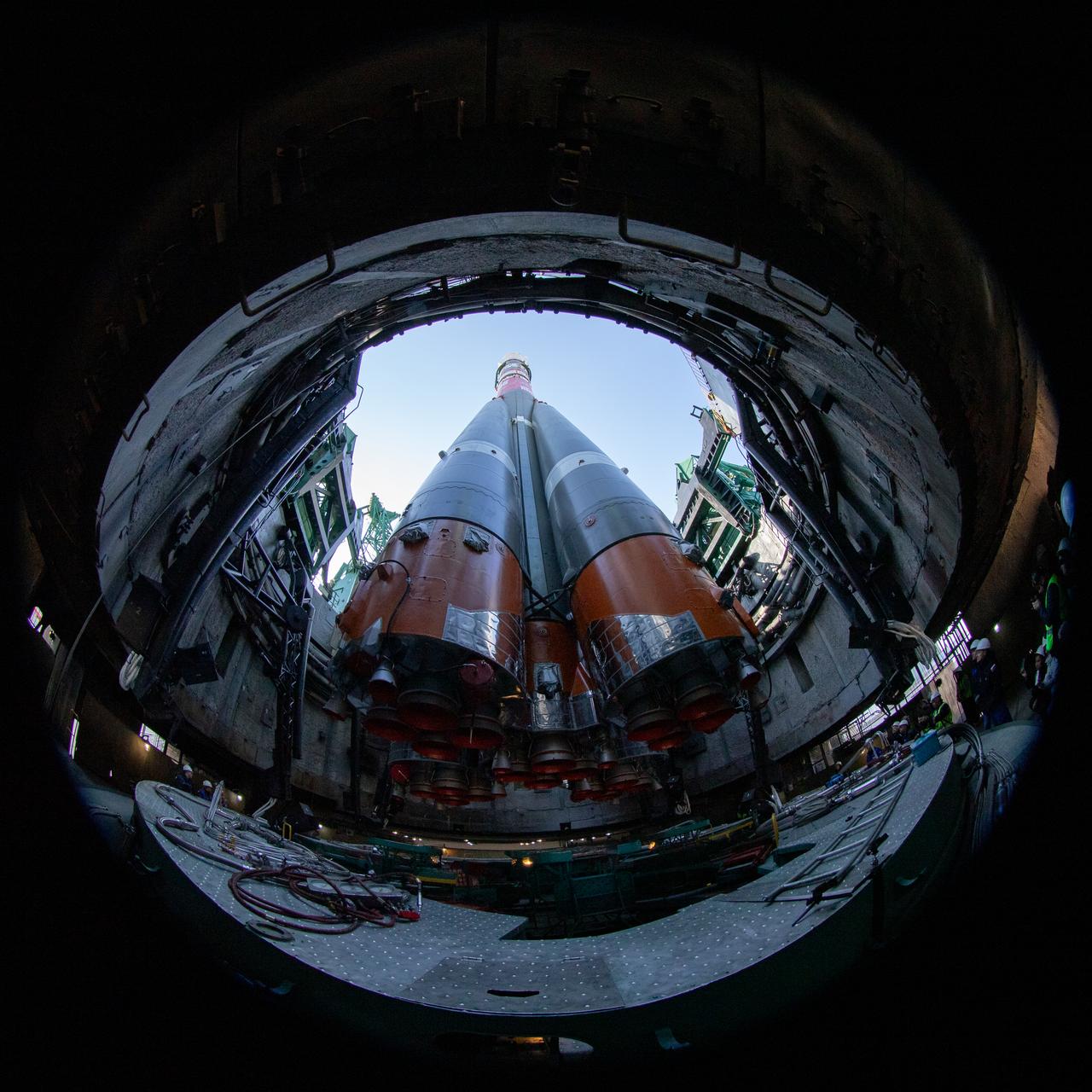 The Soyuz rocket is rolled out by train to the launch pad at Site 31, Saturday, April 5, 2025, at the Baikonur Cosmodrome in Kazakhstan. Expedition 73 crewmembers: NASA astronaut Jonny Kim, and Roscosmos cosmonauts Sergey Ryzhikov and Alexey Zubritskiy, are scheduled to launch aboard their Soyuz MS-27 spacecraft on April 8. Photo Credit: (NASA/Joel Kowsky)
