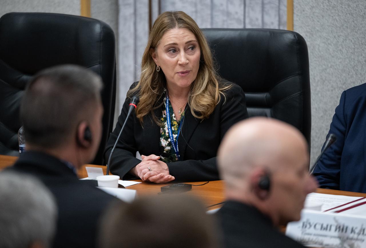 Dana Weigel, NASA International Space Station Program Manager is seen during the State Commission meeting to approve the Soyuz launch of Expedition 73 to the International Space Station, Monday, April 7, 2025, at the Cosmonaut Hotel in Baikonur, Kazakhstan. Expedition 73 crew members: NASA astronaut Jonny Kim, and Roscosmos cosmonauts Sergey Ryzhikov and Alexey Zubritskiy, are scheduled to launch aboard their Soyuz MS-27 spacecraft on April 8. Photo Credit: (NASA/Joel Kowsky)