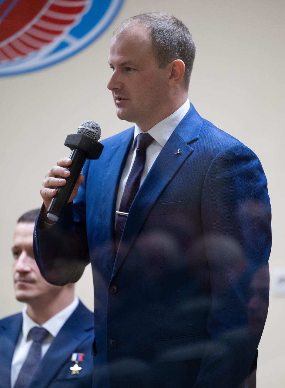 Expedition 73 backup crewmember Sergey Mikaev of Roscosmos is seen during the State Commission meeting to approve the Soyuz launch of Expedition 73 to the International Space Station, Monday, April 7, 2025, at the Cosmonaut Hotel in Baikonur, Kazakhstan.    Expedition 73 crew members: NASA astronaut Jonny Kim, and Roscosmos cosmonauts Sergey Ryzhikov and Alexey Zubritskiy, are scheduled to launch aboard their Soyuz MS-27 spacecraft on April 8. Photo Credit: (NASA/Joel Kowsky)