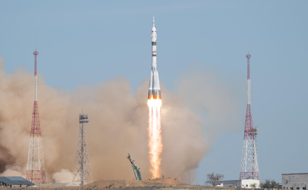 A Soyuz rocket launches to the International Space Station with Expedition 73 crew members: NASA astronaut Jonny Kim, and Roscosmos cosmonauts Sergey Ryzhikov and Alexey Zubritskiy, onboard, Tuesday, April 8, 2025, at the Baikonur Cosmodrome in Kazakhstan. Photo Credit: (NASA/Joel Kowsky)