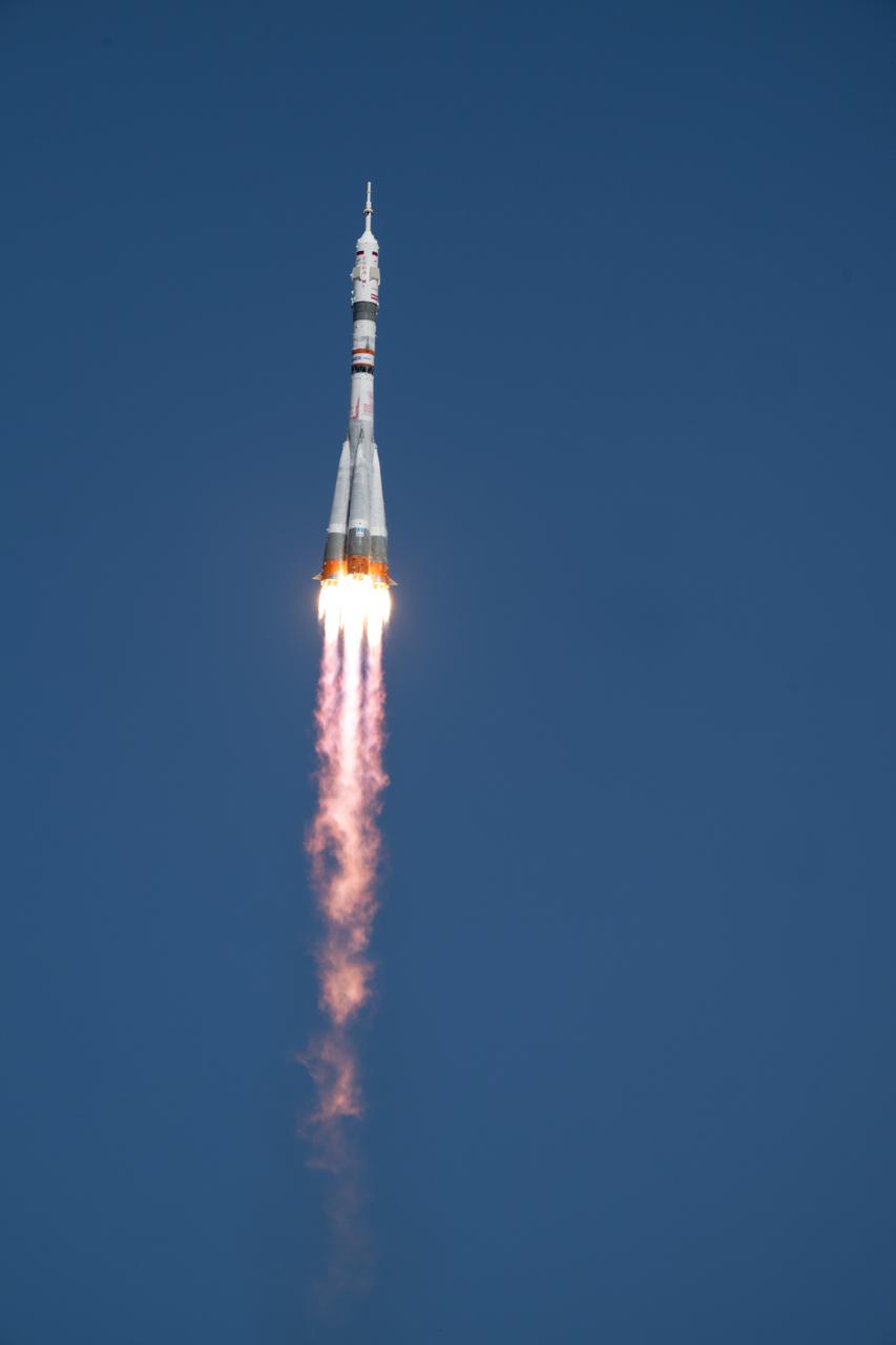 A Soyuz rocket launches to the International Space Station with Expedition 73 crew members: NASA astronaut Jonny Kim, and Roscosmos cosmonauts Sergey Ryzhikov and Alexey Zubritskiy, onboard, Tuesday, April 8, 2025, at the Baikonur Cosmodrome in Kazakhstan. Photo Credit: (NASA/Joel Kowsky)