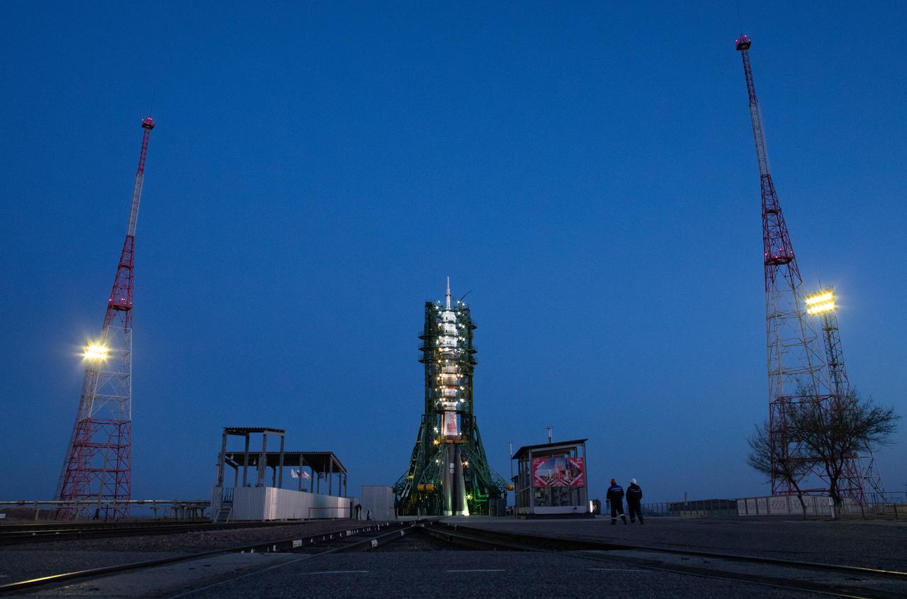 A Soyuz rocket is seen at sunrise ahead of the launch to the International Space Station of Expedition 73 crew members: NASA astronaut Jonny Kim, and Roscosmos cosmonauts Sergey Ryzhikov and Alexey Zubritskiy, onboard, Tuesday, April 8, 2025, at the Baikonur Cosmodrome in Kazakhstan. Photo Credit: (NASA/Joel Kowsky)