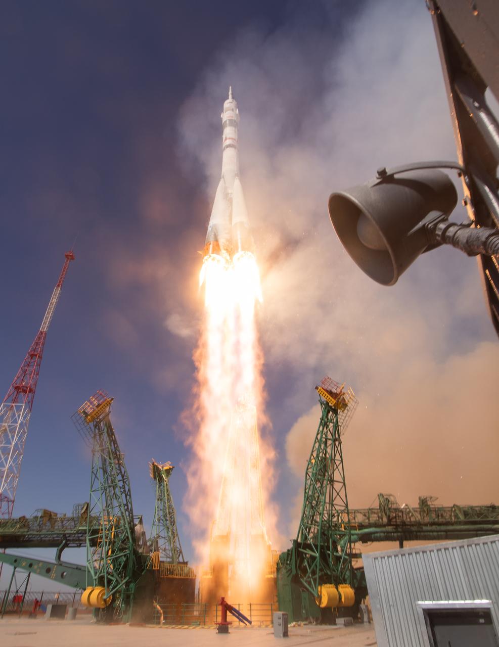 A Soyuz rocket launches to the International Space Station with Expedition 73 crew members: NASA astronaut Jonny Kim, and Roscosmos cosmonauts Sergey Ryzhikov and Alexey Zubritskiy, onboard, Tuesday, April 8, 2025, at the Baikonur Cosmodrome in Kazakhstan. Photo Credit: (NASA/Joel Kowsky)