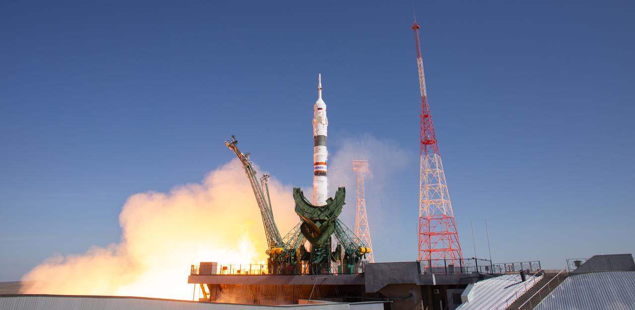A Soyuz rocket launches to the International Space Station with Expedition 73 crew members: NASA astronaut Jonny Kim, and Roscosmos cosmonauts Sergey Ryzhikov and Alexey Zubritskiy, onboard, Tuesday, April 8, 2025, at the Baikonur Cosmodrome in Kazakhstan. Photo Credit: (NASA/Joel Kowsky)