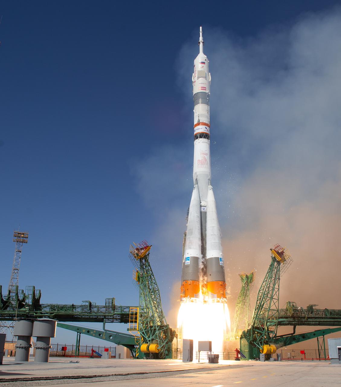 A Soyuz rocket launches to the International Space Station with Expedition 73 crew members: NASA astronaut Jonny Kim, and Roscosmos cosmonauts Sergey Ryzhikov and Alexey Zubritskiy, onboard, Tuesday, April 8, 2025, at the Baikonur Cosmodrome in Kazakhstan. Photo Credit: (NASA/Joel Kowsky)