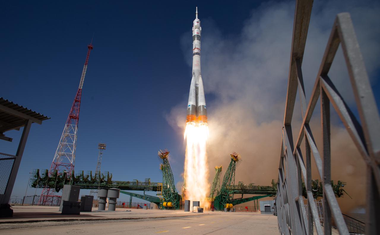A Soyuz rocket launches to the International Space Station with Expedition 73 crew members: NASA astronaut Jonny Kim, and Roscosmos cosmonauts Sergey Ryzhikov and Alexey Zubritskiy, onboard, Tuesday, April 8, 2025, at the Baikonur Cosmodrome in Kazakhstan. Photo Credit: (NASA/Joel Kowsky)