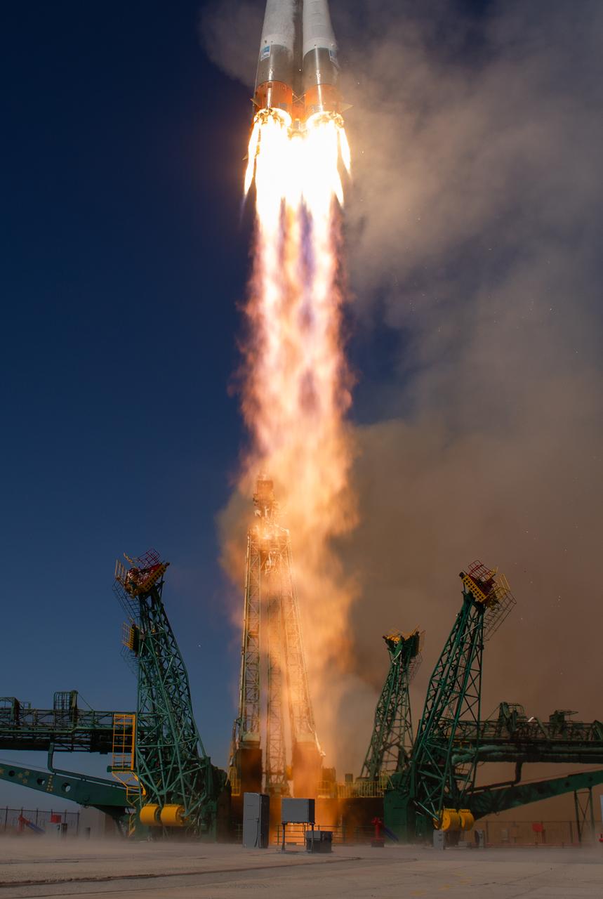 A Soyuz rocket launches to the International Space Station with Expedition 73 crew members: NASA astronaut Jonny Kim, and Roscosmos cosmonauts Sergey Ryzhikov and Alexey Zubritskiy, onboard, Tuesday, April 8, 2025, at the Baikonur Cosmodrome in Kazakhstan. Photo Credit: (NASA/Joel Kowsky)