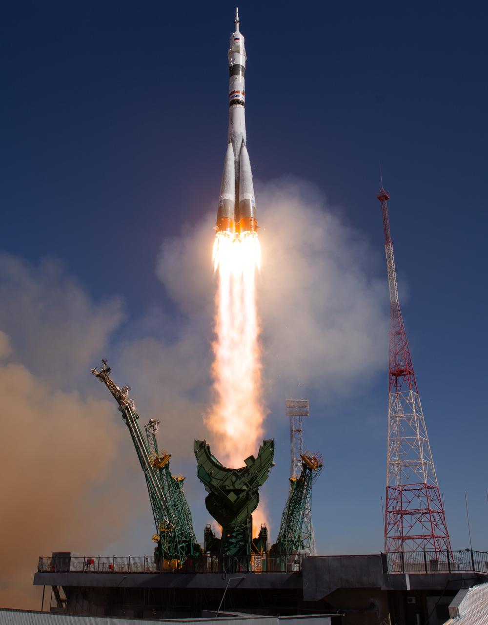 A Soyuz rocket launches to the International Space Station with Expedition 73 crew members: NASA astronaut Jonny Kim, and Roscosmos cosmonauts Sergey Ryzhikov and Alexey Zubritskiy, onboard, Tuesday, April 8, 2025, at the Baikonur Cosmodrome in Kazakhstan. Photo Credit: (NASA/Joel Kowsky)