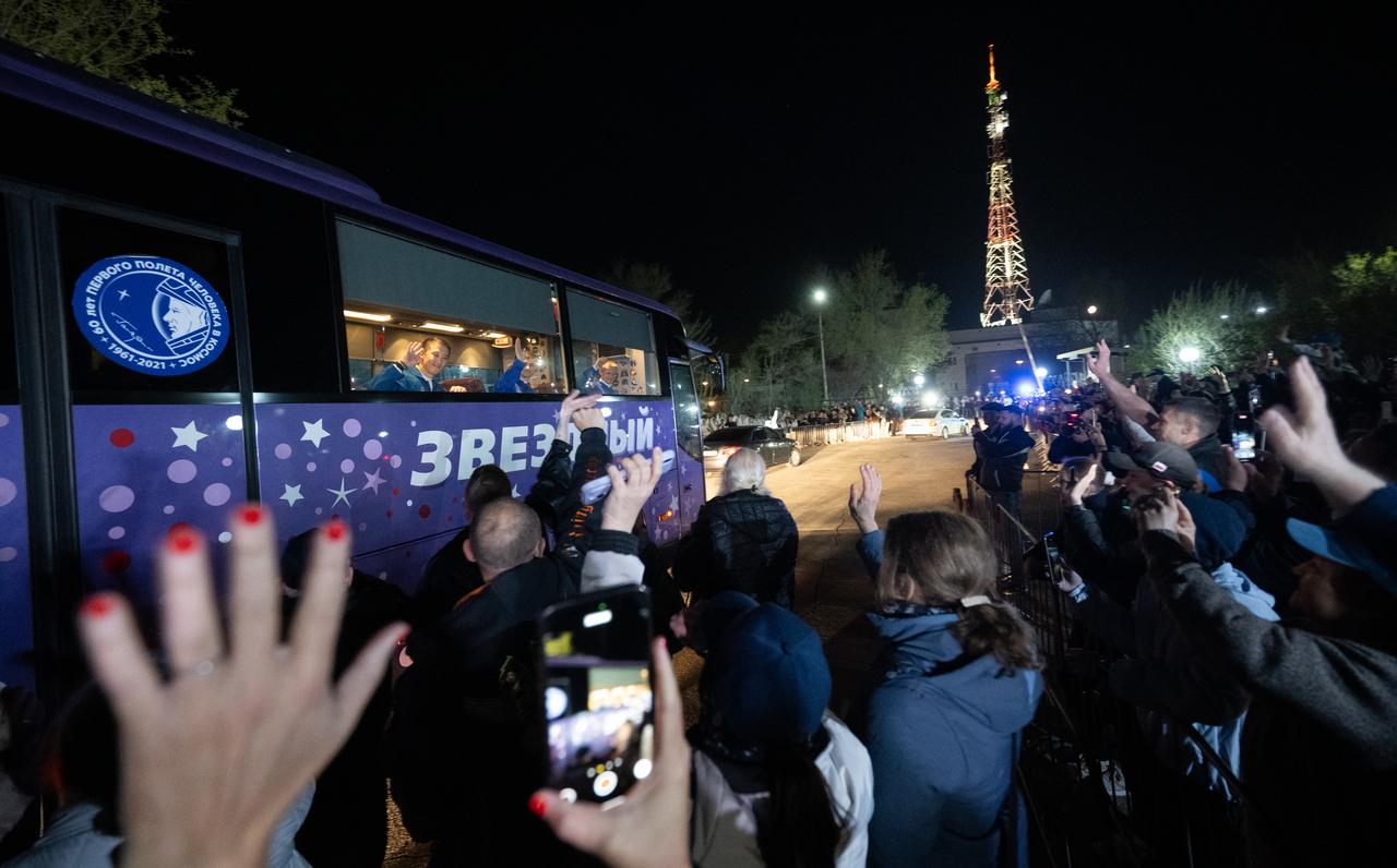 NASA astronaut Jonny Kim, left, and Roscosmos cosmonauts Alexey Zubritskiy and Sergey Ryzhikov, right, are seen as they depart the Cosmonaut Hotel to suit-up for their Soyuz launch to the International Space Station, Tuesday, April 8, 2025 (April 7 Eastern Time), in Baikonur, Kazakhstan. The launch will send Kim, Ryzhikov, Zubritskiy on a mission to the International Space Station. Photo Credit: (NASA/Joel Kowsky)