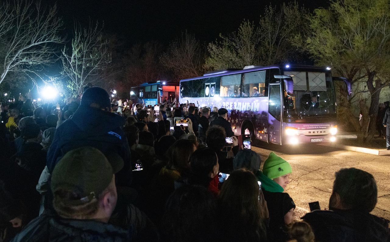 NASA astronaut Jonny Kim, left, and Roscosmos cosmonauts Sergey Ryzhikov, center, and Alexey Zubritskiy, right, are seen as they depart the Cosmonaut Hotel to head to suit-up for their Soyuz launch to the International Space Station, Tuesday, April 8, 2025, in Baikonur, Kazakhstan. The launch will send Kim, Ryzhikov, Zubritskiy on a mission to the International Space Station. Photo Credit: (NASA/Victor Zelentsov)