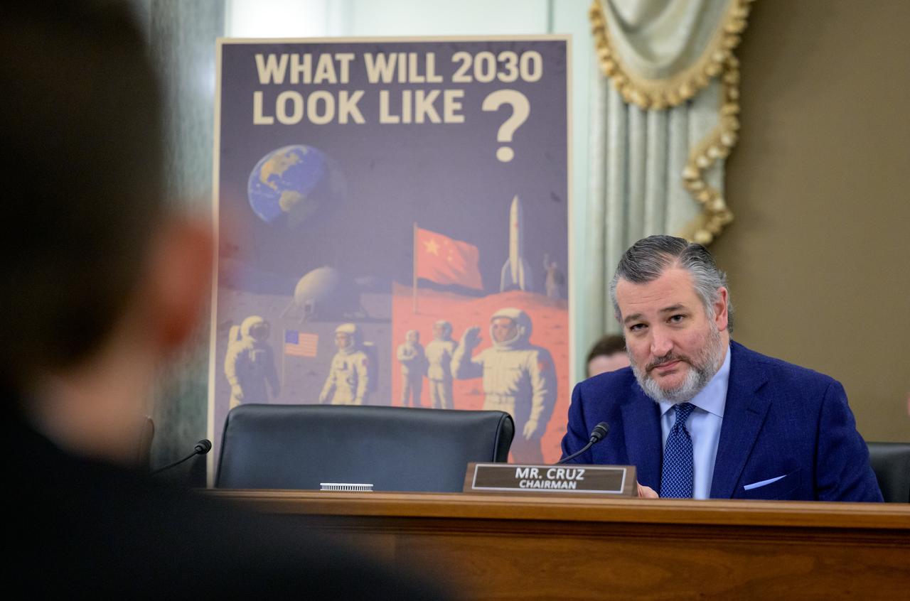 Sen. Ted Cruz, R-Texas, Chairman of the Senate Committee on Commerce, Science, and Transportation, questions Jared Isaacman, President Donald Trump’s nominee to be the next administrator of NASA, during a hearing, Wednesday, April 9, 2025, at the Russell Senate Office Building in Washington. Photo Credit: (NASA/Bill Ingalls)