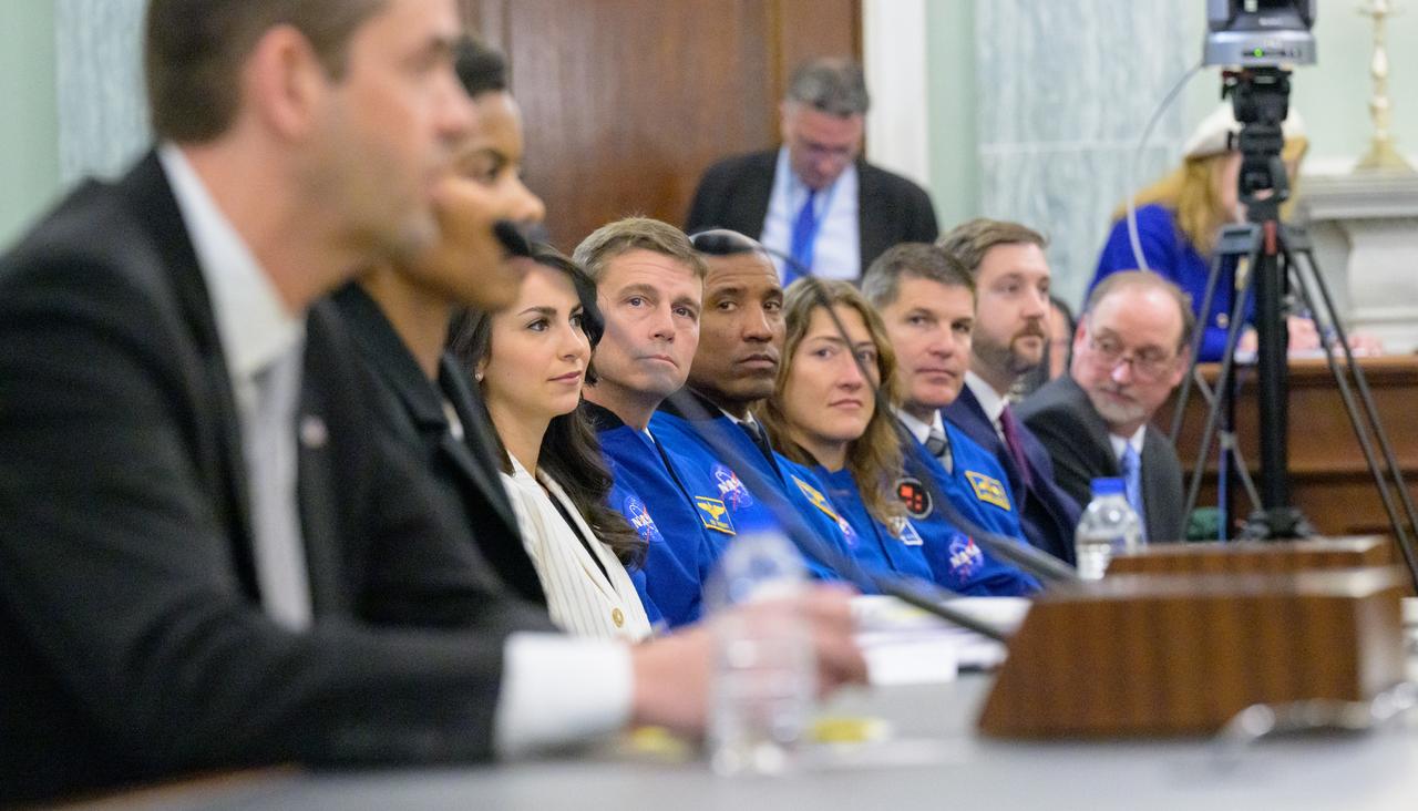 NASA astronauts, Reid Wiseman, left, Victor Glover, Christina Koch, and CSA (Canadian Space Agency) astronaut Jeremy Hansen, watch as Jared Isaacman, President Donald Trump’s nominee to be the next administrator of NASA, appears before the Senate Committee on Commerce, Science, and Transportation, Wednesday, April 9, 2025, at the Russell Senate Office Building in Washington. Photo Credit: (NASA/Bill Ingalls)