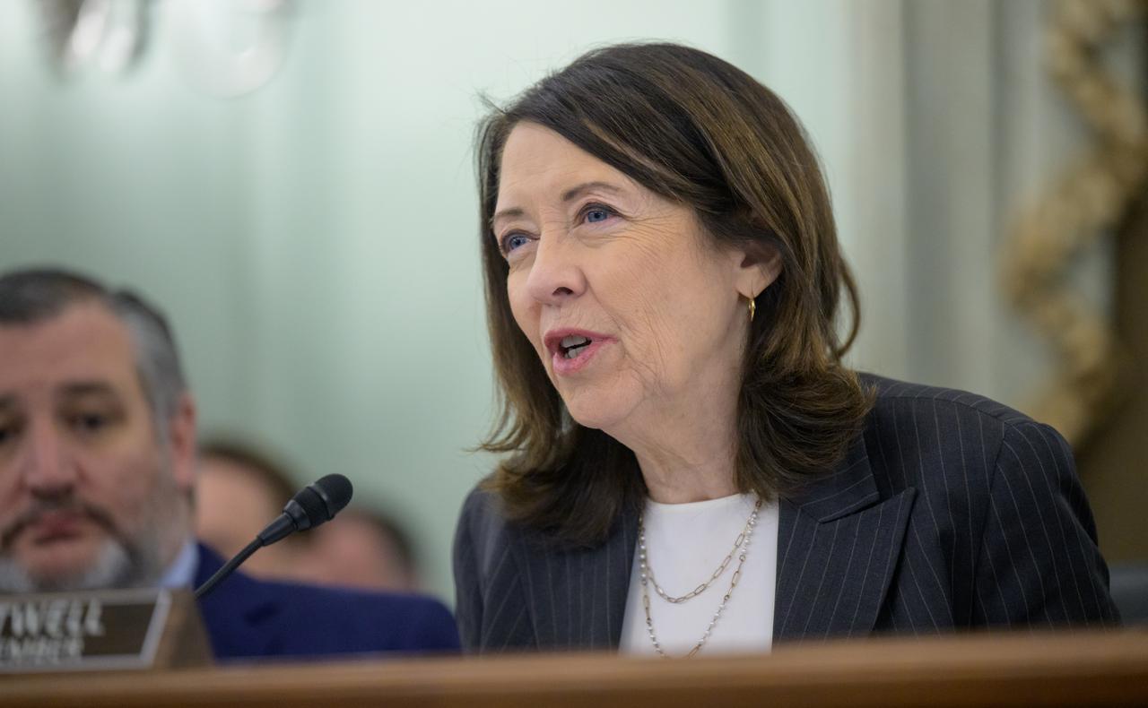 Sen. Maria Cantwell, D-WA, Ranking Member of the Senate Committee on Commerce, Science, and Transportation, questions Jared Isaacman, President Donald Trump’s nominee to be the next administrator of NASA, during a hearing, Wednesday, April 9, 2025, at the Russell Senate Office Building in Washington. Photo Credit: (NASA/Bill Ingalls)