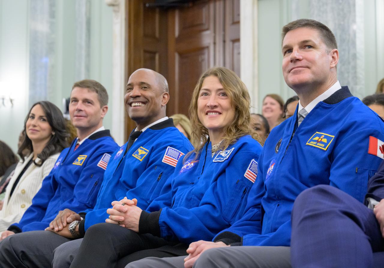 NASA astronauts, Reid Wiseman, left, Victor Glover, Christina Koch, and CSA (Canadian Space Agency) astronaut Jeremy Hansen, right, watch as Jared Isaacman, President Donald Trump’s nominee to be the next administrator of NASA, appears before the Senate Committee on Commerce, Science, and Transportation, Wednesday, April 9, 2025, at the Russell Senate Office Building in Washington. Photo Credit: (NASA/Bill Ingalls)