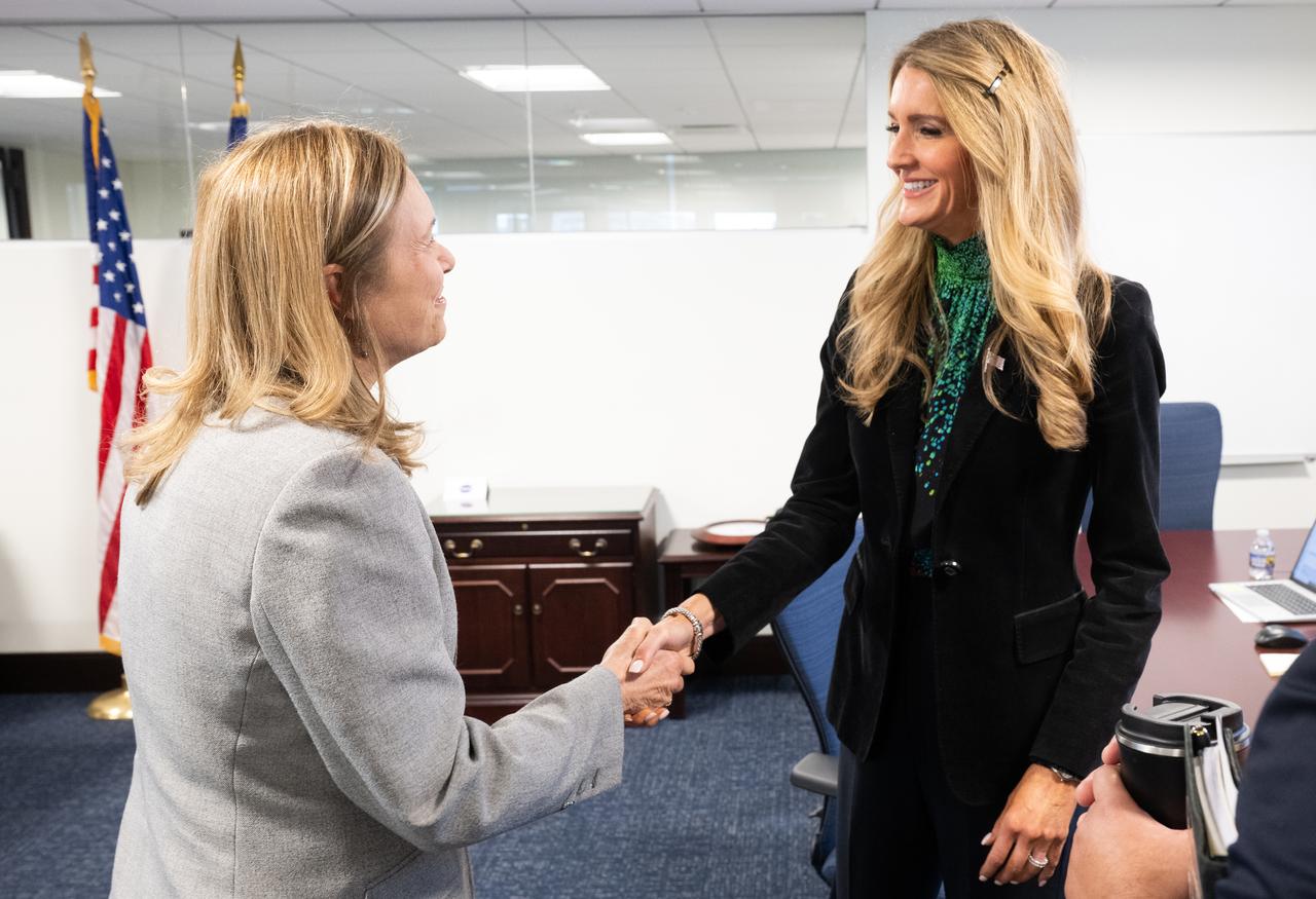 Acting NASA Administrator Janet Petro meets with Administrator of the Small Business Administration Kelly Loeffler, Wednesday, April 16, 2025, during a visit to the Mary W. Jackson NASA Headquarters building in Washington. Photo Credit: (NASA/Joel Kowsky)