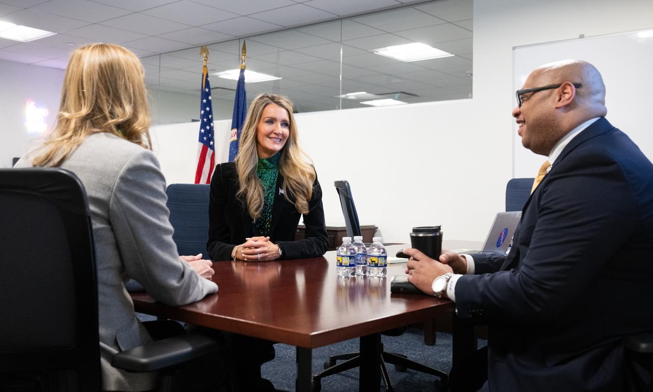 Acting NASA Administrator Janet Petro, left, and Dwight Deneal, assistant administrator for NASA’s Office of Small Business Programs, right, speak with Administrator of the Small Business Administration Kelly Loeffler, Wednesday, April 16, 2025, at the Mary W. Jackson NASA Headquarters building in Washington. Photo Credit: (NASA/Joel Kowsky)