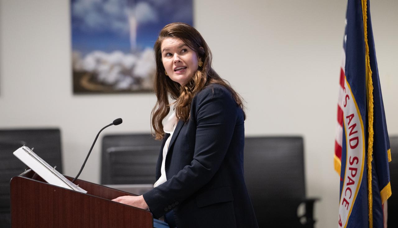 Casey Swails, NASA deputy associate administrator, provides remarks during a NASA Office of Small Business Programs learning webinar titled “Empowering Small Businesses: NASA OSBP & SBA present The Made in America Manufacturing,” Wednesday, April 16, 2025, at the Mary W. Jackson NASA Headquarters building in Washington. Photo Credit: (NASA/Joel Kowsky)