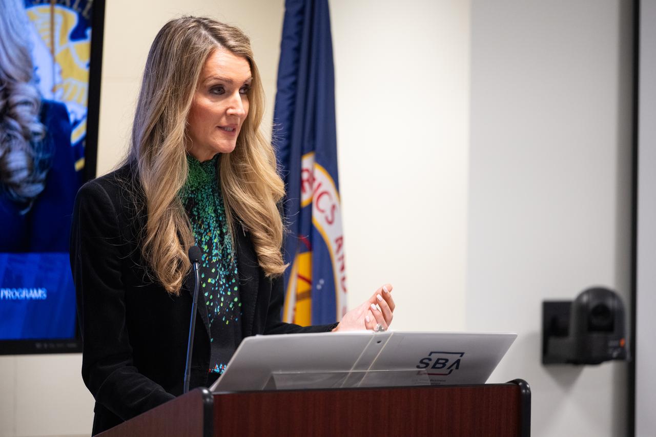 Administrator of the Small Business Administration Kelly Loeffler provides remarks during a NASA Office of Small Business Programs learning webinar titled “Empowering Small Businesses: NASA OSBP & SBA present The Made in America Manufacturing,” Wednesday, April 16, 2025, at the Mary W. Jackson NASA Headquarters building in Washington. Photo Credit: (NASA/Joel Kowsky)