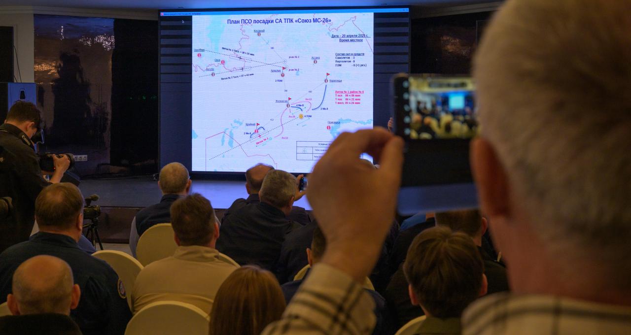 NASA, Roscosmos, and Russian Search and Recovery Forces meet at the Cosmonaut Hotel in Karaganda, Kazakhstan, Friday, April 18, 2025, to discuss the readiness for the landing of Expedition 72 NASA astronaut Don Pettit, and Roscosmos cosmonauts Alexey Ovchinin and Ivan Vagner. Photo Credit: (NASA/Bill Ingalls)