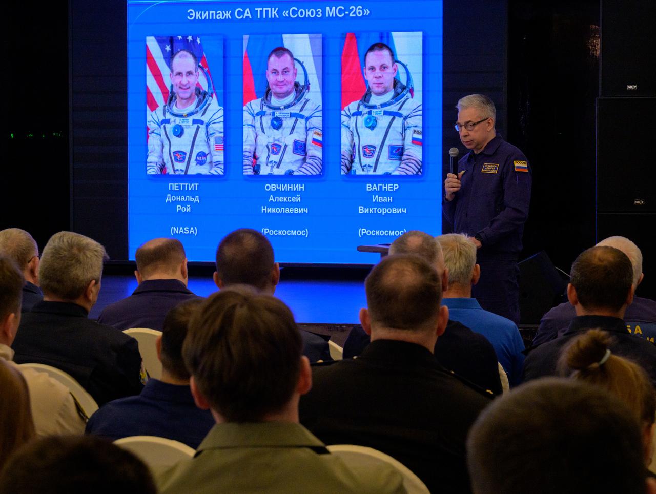 Deputy Head of the Search-and-Rescue Department of Rosaviatsiya (Russian Federal Air Transport Agency) Aleksey Lukiyanov, presents during a meeting with NASA, Roscosmos, and Russian Search and Recovery Forces at the Cosmonaut Hotel in Karaganda, Kazakhstan, Friday, April 18, 2025. Teams discussed the readiness for the landing of Expedition 72 NASA astronaut Don Pettit, and Roscosmos cosmonauts Alexey Ovchinin and Ivan Vagner. Photo Credit: (NASA/Bill Ingalls)