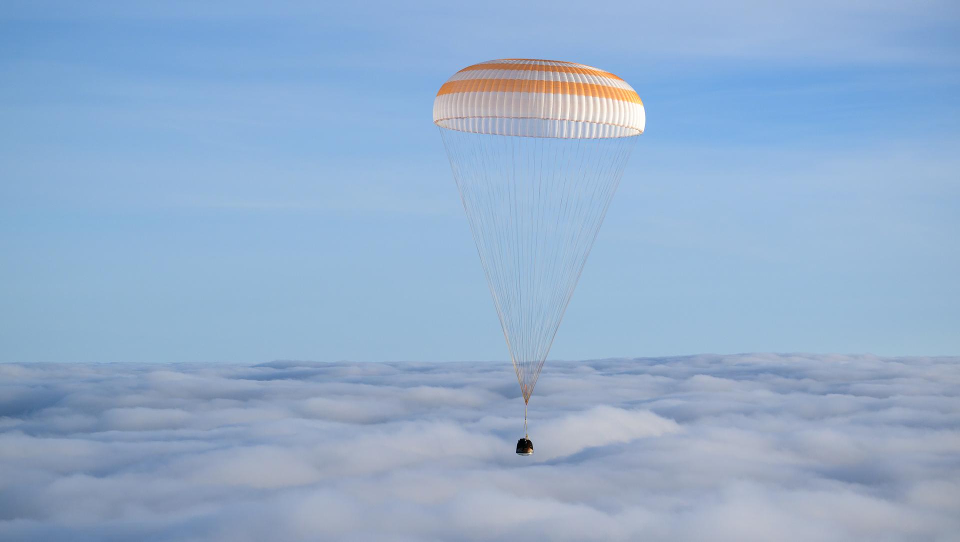 The Soyuz MS-26 spacecraft is seen as it lands in a remote area near the town of Zhezkazgan, Kazakhstan with Expedition 71 and 72 NASA astronaut Don Pettit, and Roscosmos cosmonauts Alexey Ovchinin and Ivan Vagner aboard, Sunday, April 20, 2025, (April 19 Eastern). The trio are returning to Earth after logging 220 days in space as a members of Expeditions 71 and 72 aboard the International Space Station.